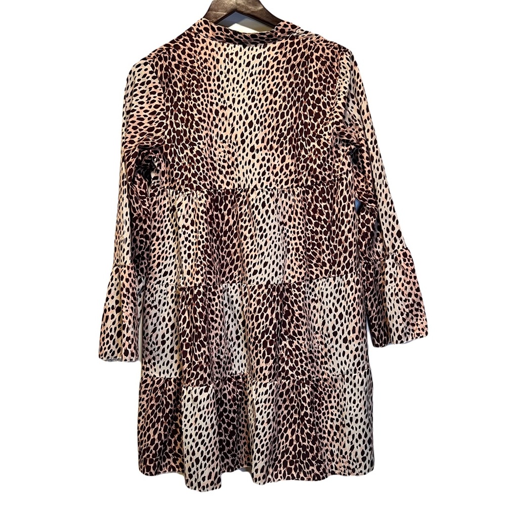 Leopard Print Tiered Mini Dress Womens Small Ruffle Swing Boho Long Sleeve NWT - Picture 3 of 5
